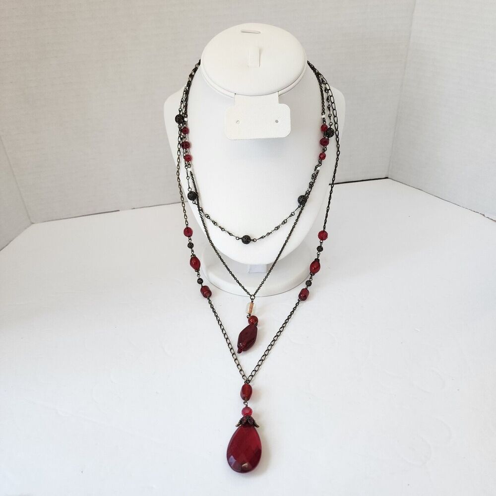 Lia Sophia Necklace Three Layered Strands Red Beads Pendant Antique Bronze Tone